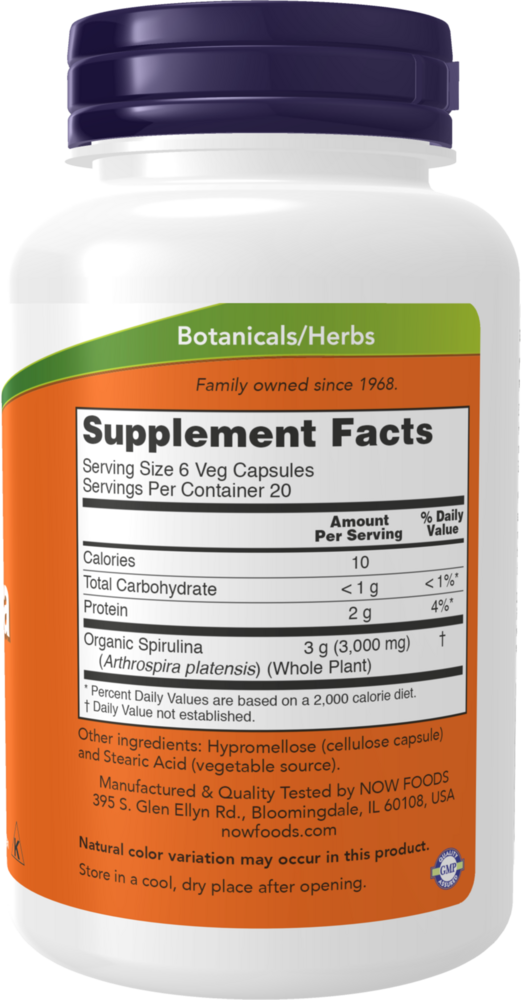 Spirulina 500 mg Capsules Supplement Facts Label