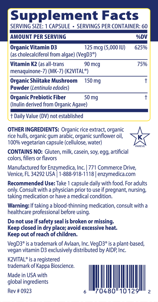 Organic Vitamin D3 + K2 Supplement Facts Label