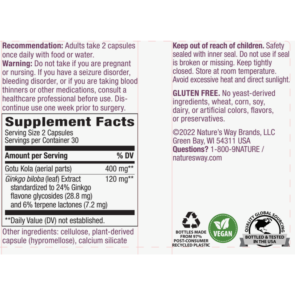 Ginkgo (Std) veg capsules Supplement Facts Label