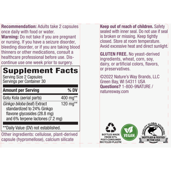 Ginkgo (Std) veg capsules Supplement Facts Label