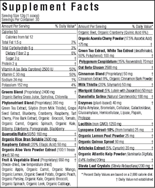 Nanogreens10 Strawberry Supplement Facts Label