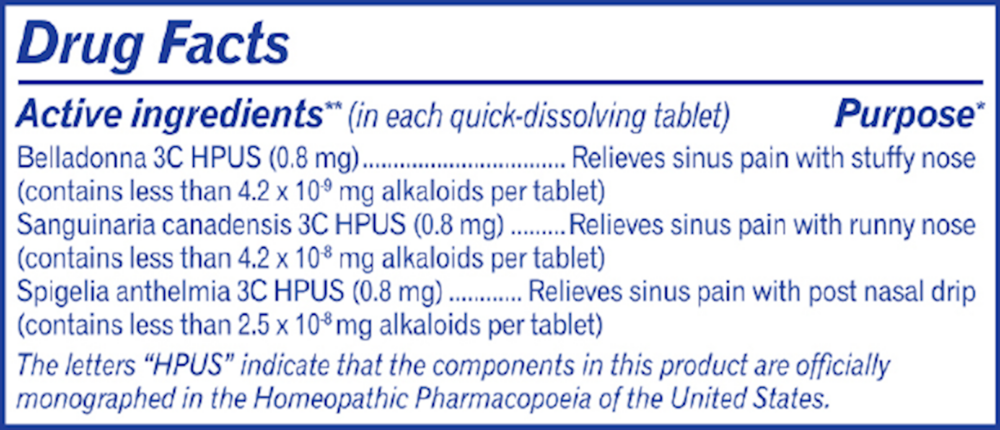 Sinuscalm Supplement Facts Label