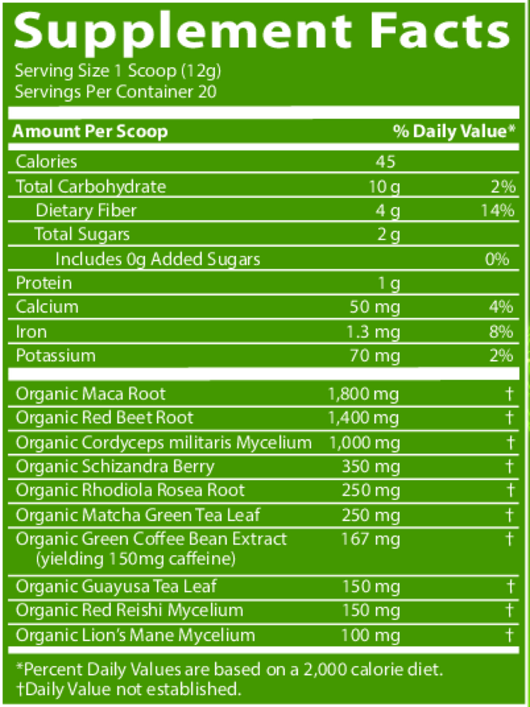 Organic Pre-Workout Island Fusion Supplement Facts Label