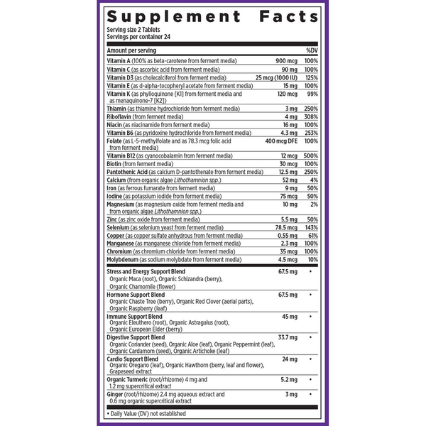 Women's Advanced Multivitamin 120 Count Supplement Facts Label