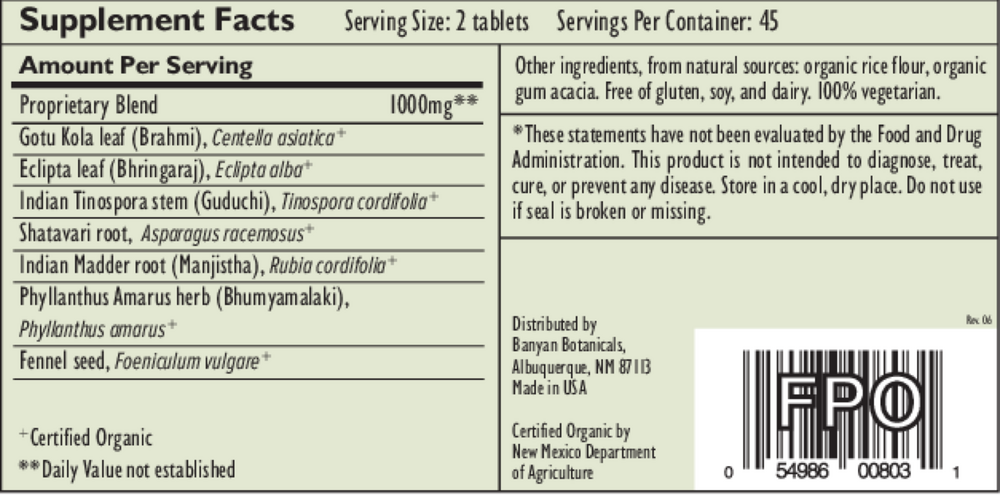 Healthy Pitta (Organic) Supplement Facts Label