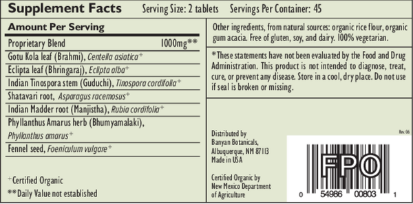 Healthy Pitta (Organic) Supplement Facts Label