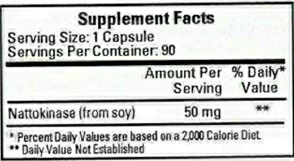 Nattokinase 50 mg Supplement Facts Label