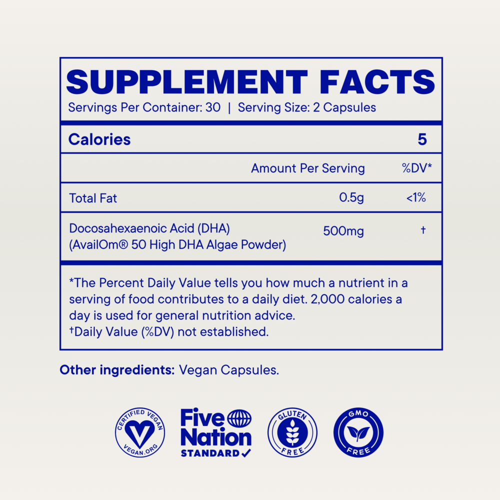 Head and Heart Vegan DHA Supplement Facts Label