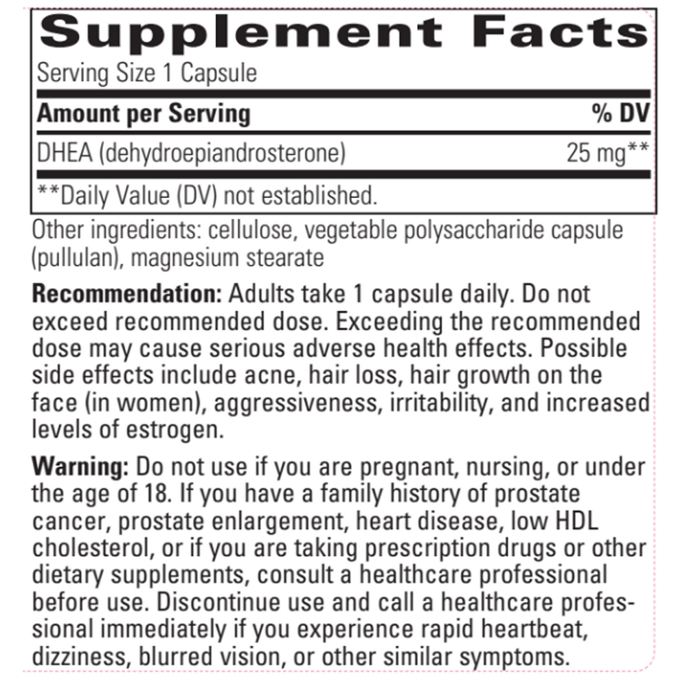 DHEA-25 Supplement Facts Label