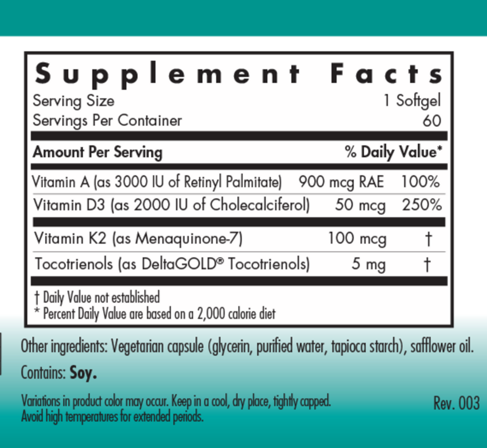 Vitamin D3 Complete Daily Balance with A and K2 Supplement Facts Label