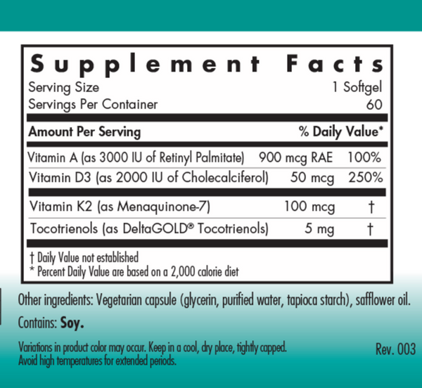 Vitamin D3 Complete Daily Balance with A and K2 Supplement Facts Label