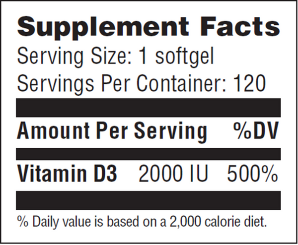 Vitamin D3 2000 IU Softgels Supplement Facts Label