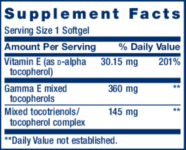 Gamma E Mixed Tocopherols & Tocotrienols Supplement Facts Label