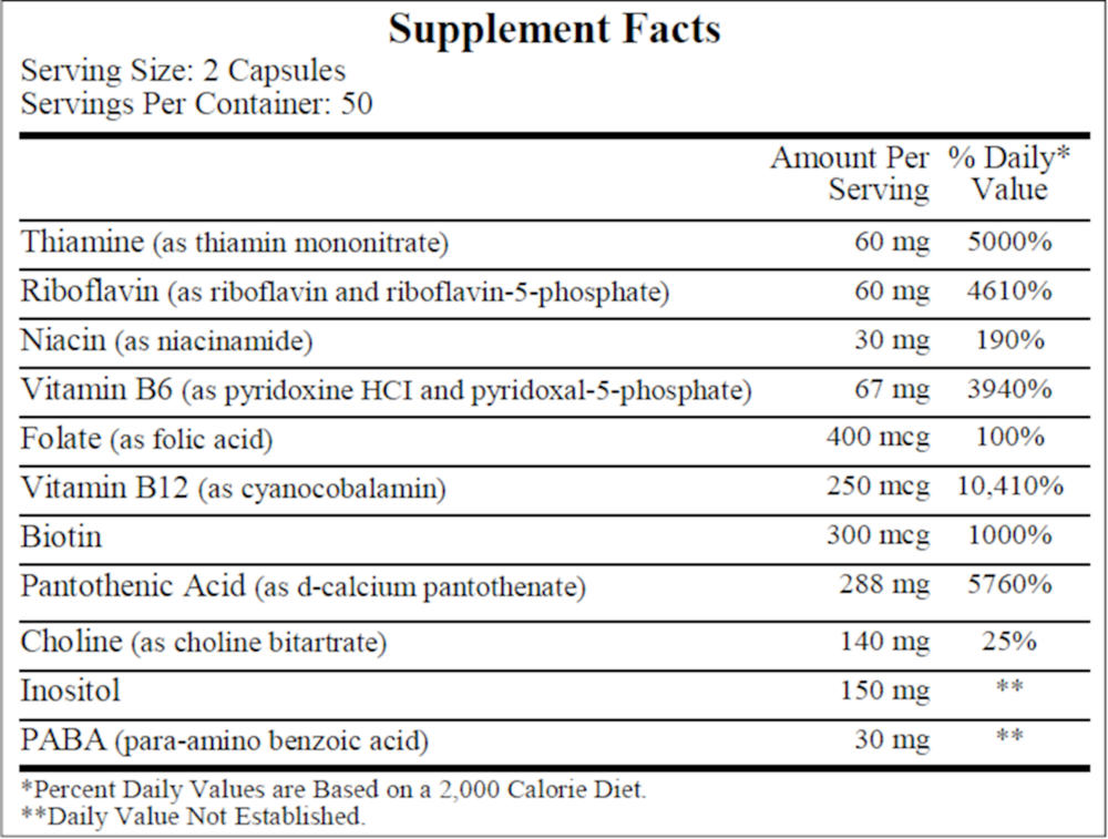 Co-Enzyme B Complex Supplement Facts Label