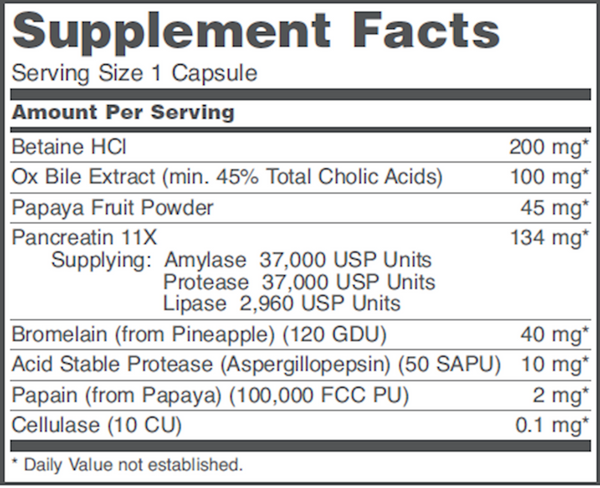 Enzymes-HCl Supplement Facts Label