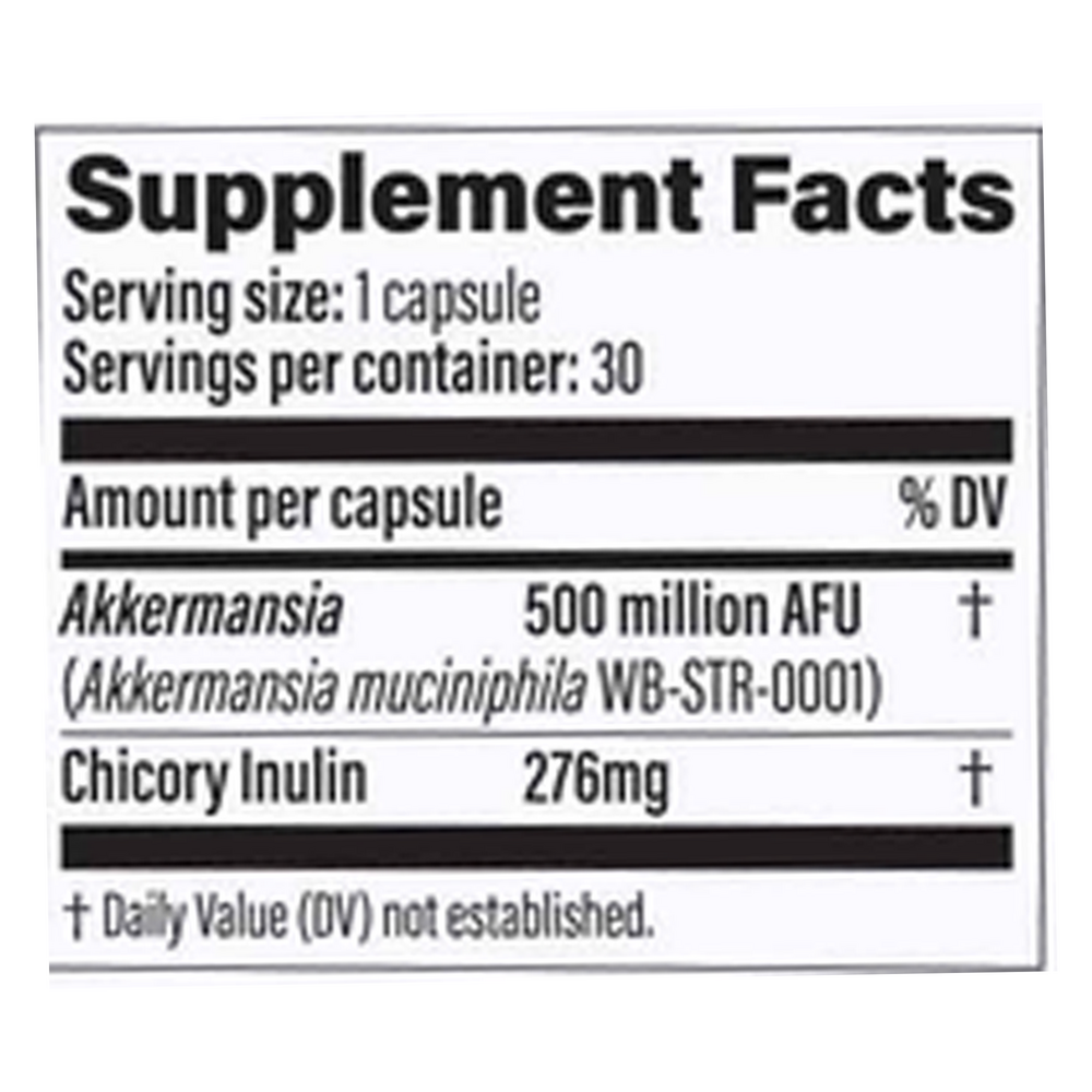 Akkermansia 500 Pro Probiotic Capsules, 30 Count Supplement Facts Label