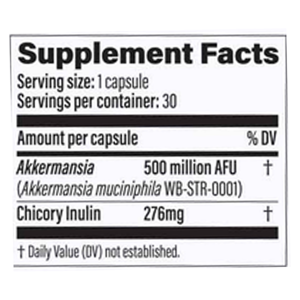 Akkermansia 500 Pro Probiotic Capsules, 30 Count Supplement Facts Label
