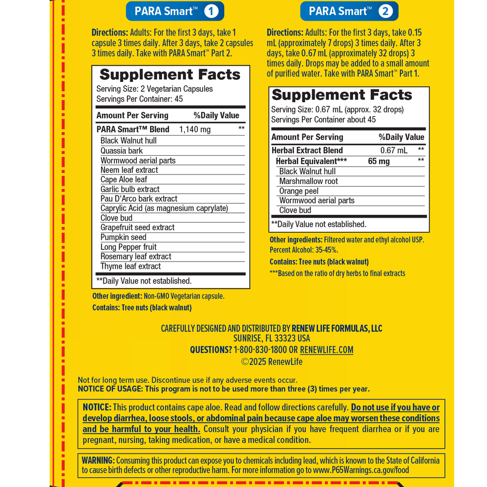 Para Smart 15 Day Program Supplement Facts Label