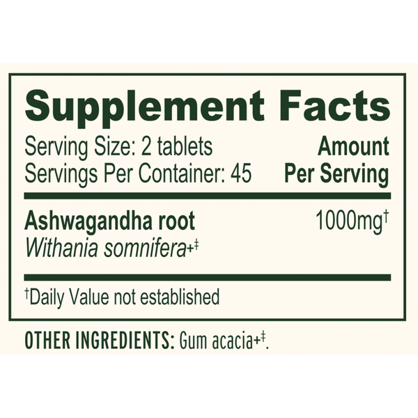 Ashwagandha (Organic) Tablets Supplement Facts Label