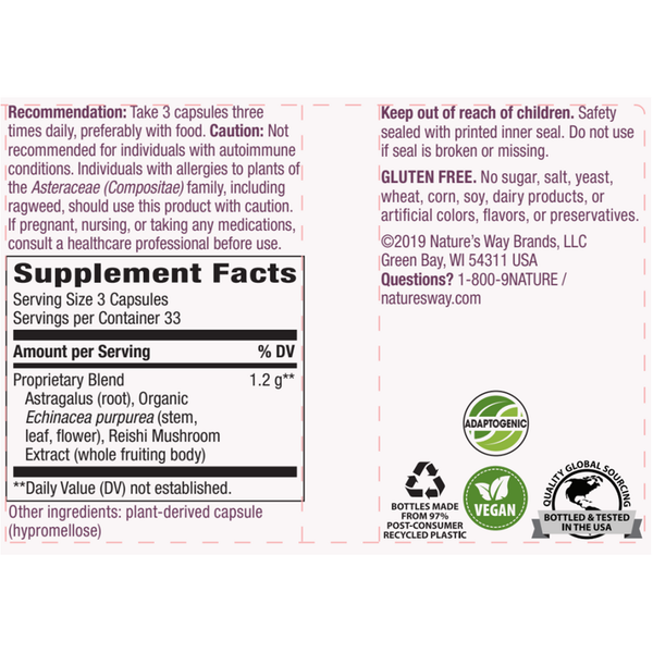 Echinacea Astragalus & Reishi Supplement Facts Label