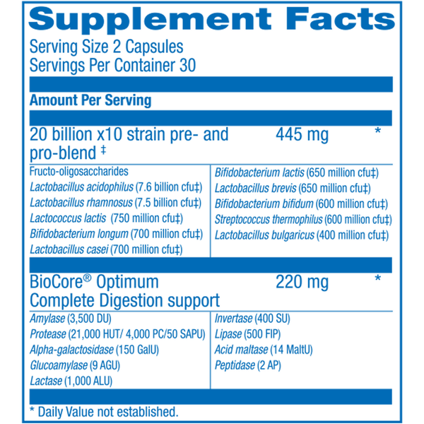 Probiotic 20 Plus Supplement Facts Label