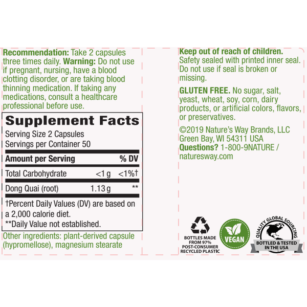 Dong Quai Root 100 veg capsules Supplement Facts Label