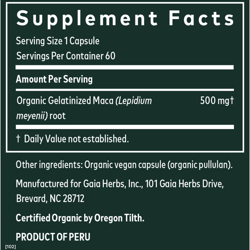 Maca Root Supplement Facts Label