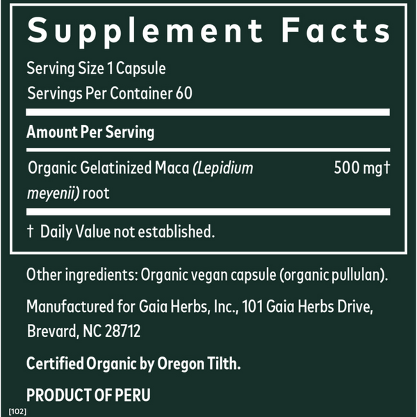 Maca Root Supplement Facts Label