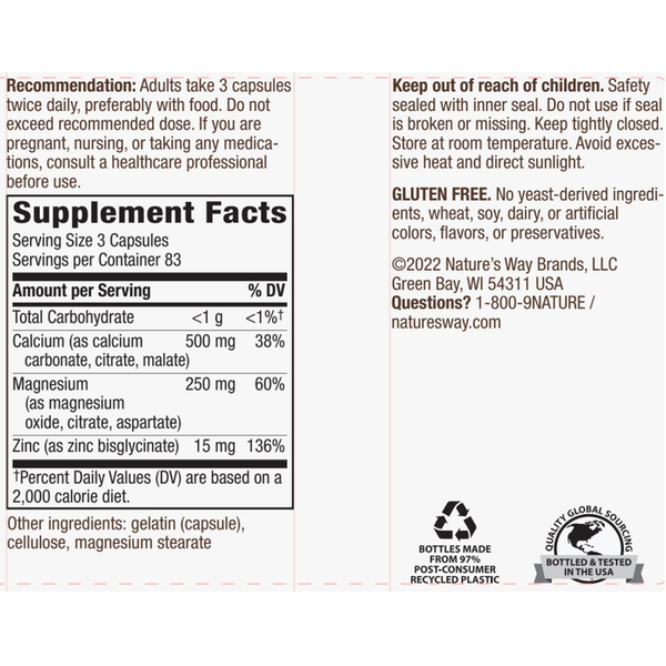 Calcium, Magnesium & Zinc 250 capsules Supplement Facts Label