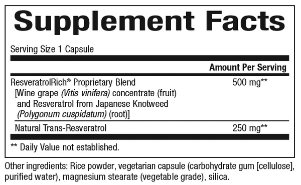 Resveratrol Concentrate Supplement Facts Label