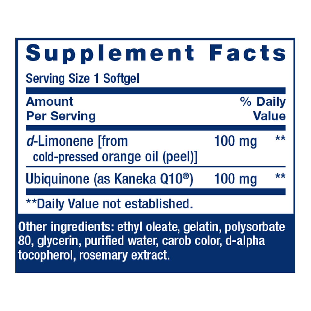 Super-Absorbable CoQ10 (Ubiquinone) with d-Limonene 100 mg Supplement Facts Label