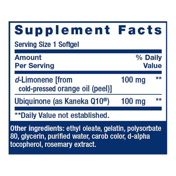 Super-Absorbable CoQ10 (Ubiquinone) with d-Limonene 100 mg Supplement Facts Label