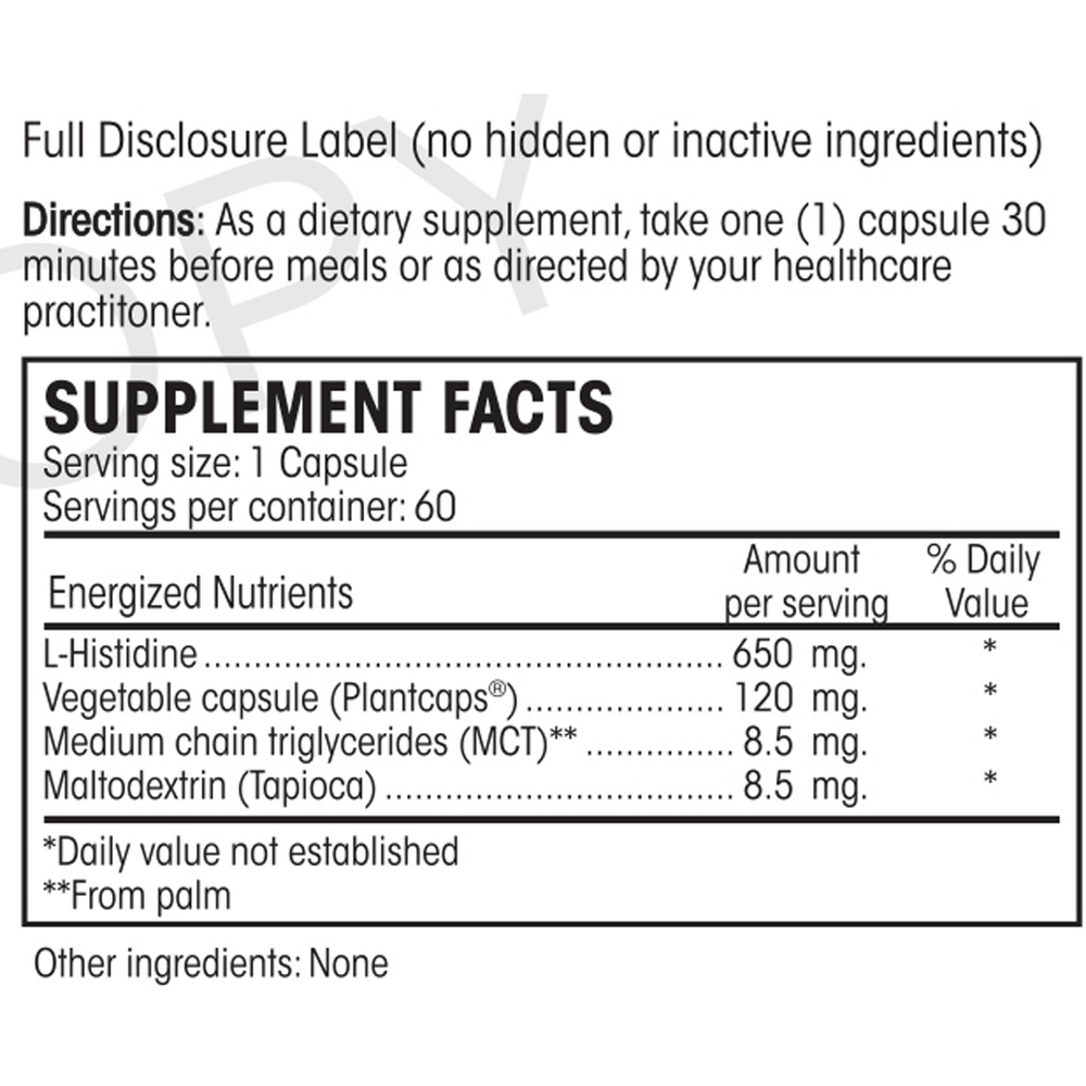 L-Histidine Guard Supplement Facts Label