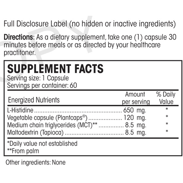L-Histidine Guard Supplement Facts Label