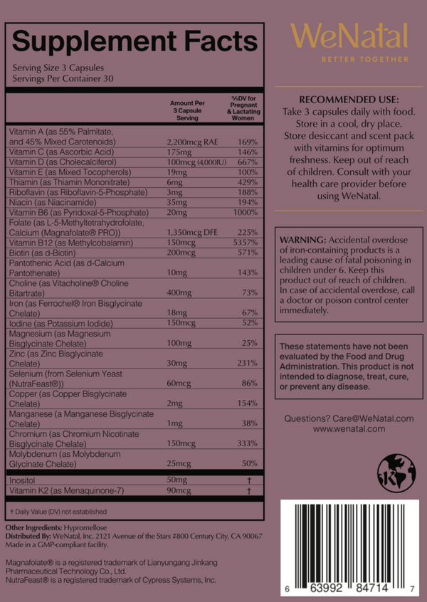 WeNatal for Her Supplement Facts Label