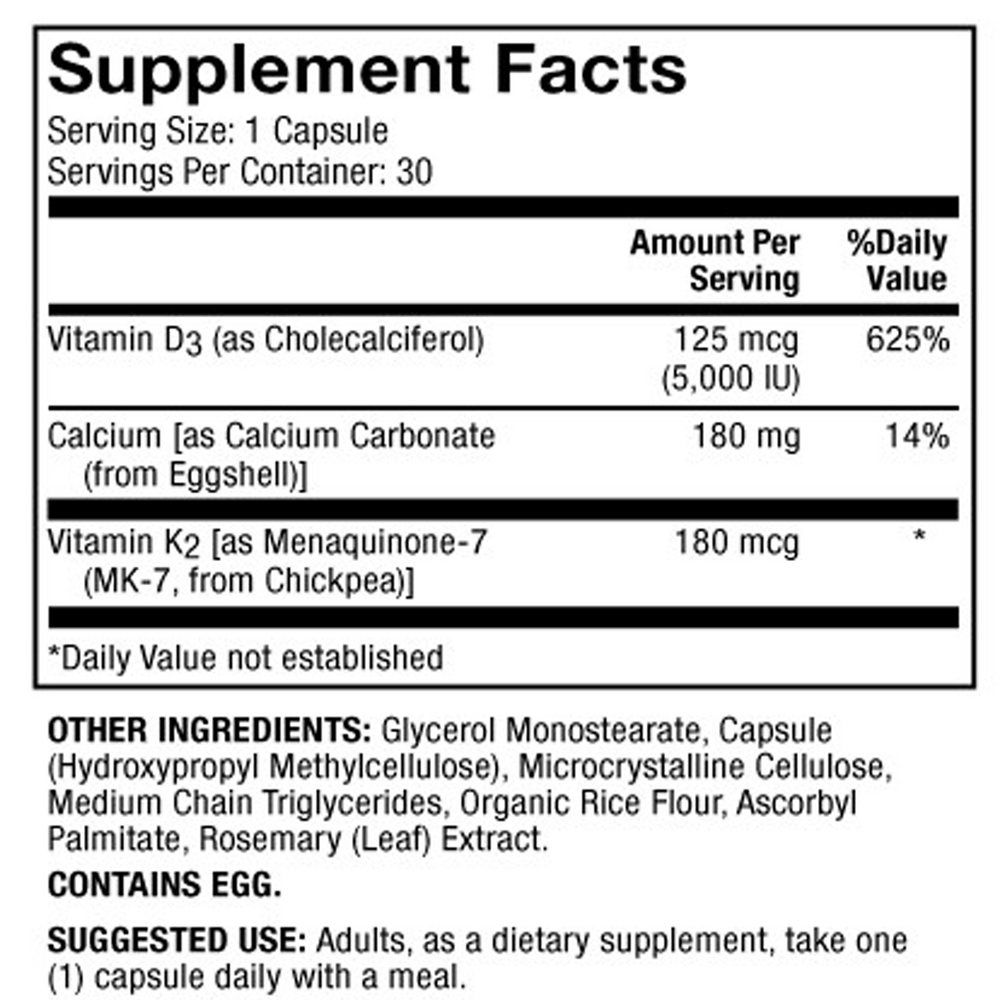 Calcium with Vitamins D3 and K2 Supplement Facts Label