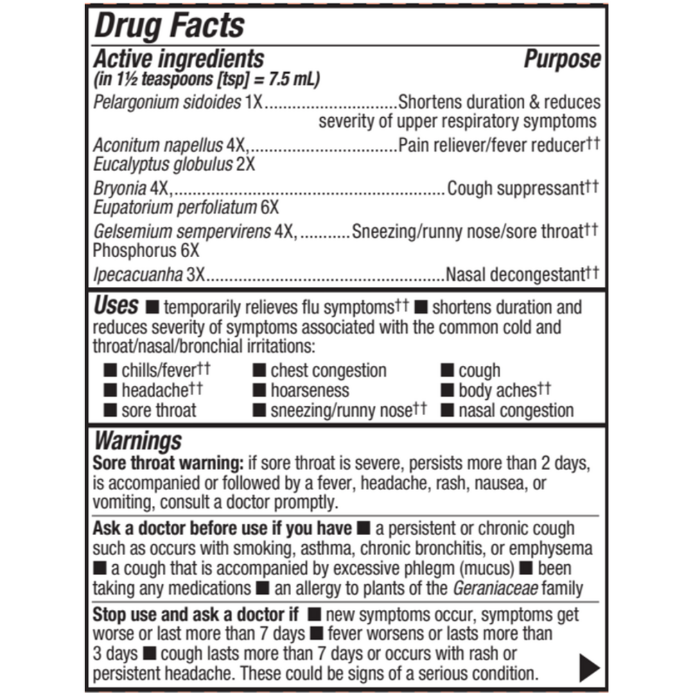 Umcka Cold & Flu Berry Syrup 4 oz Supplement Facts Label