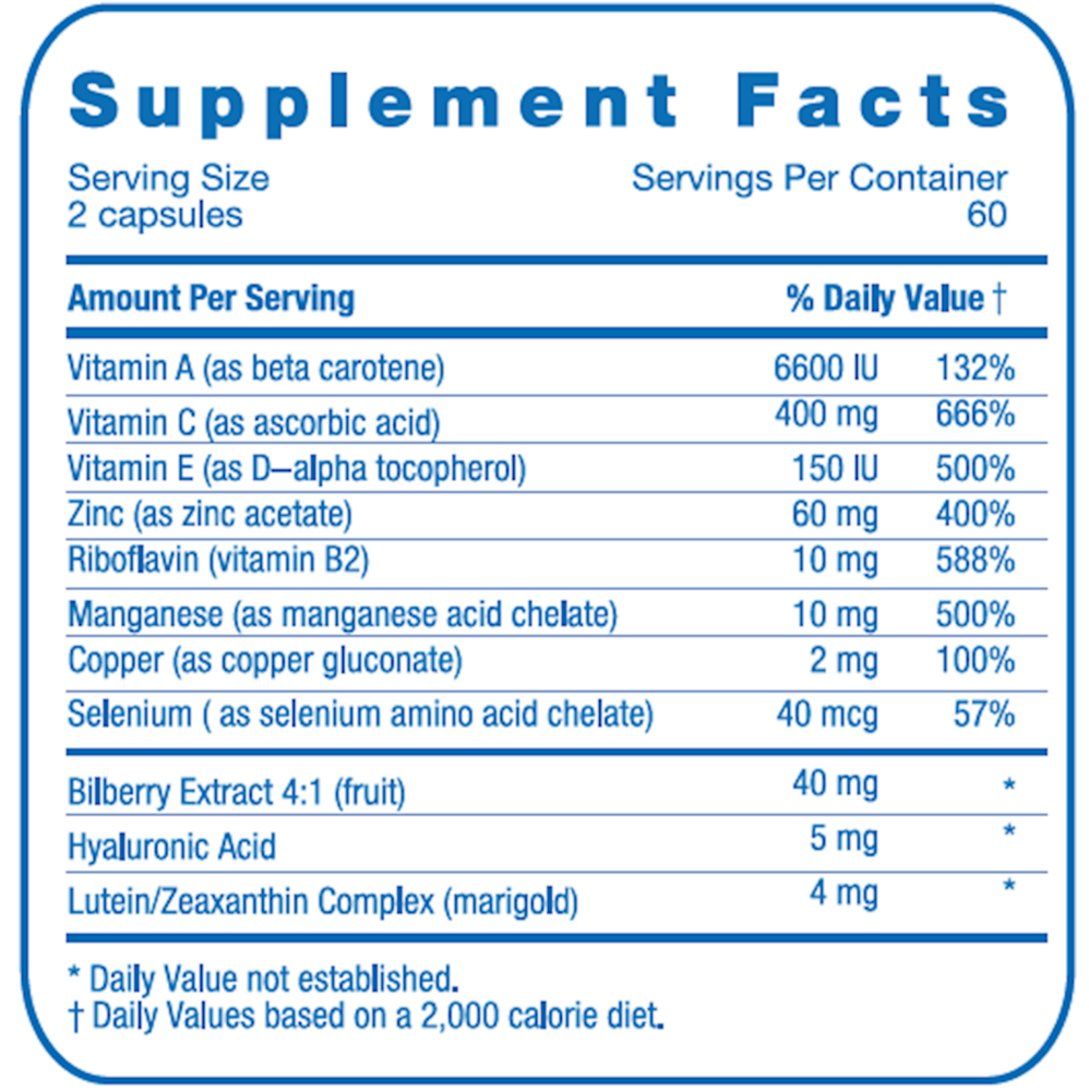Hylavision Eye Health with HA Supplement Facts Label