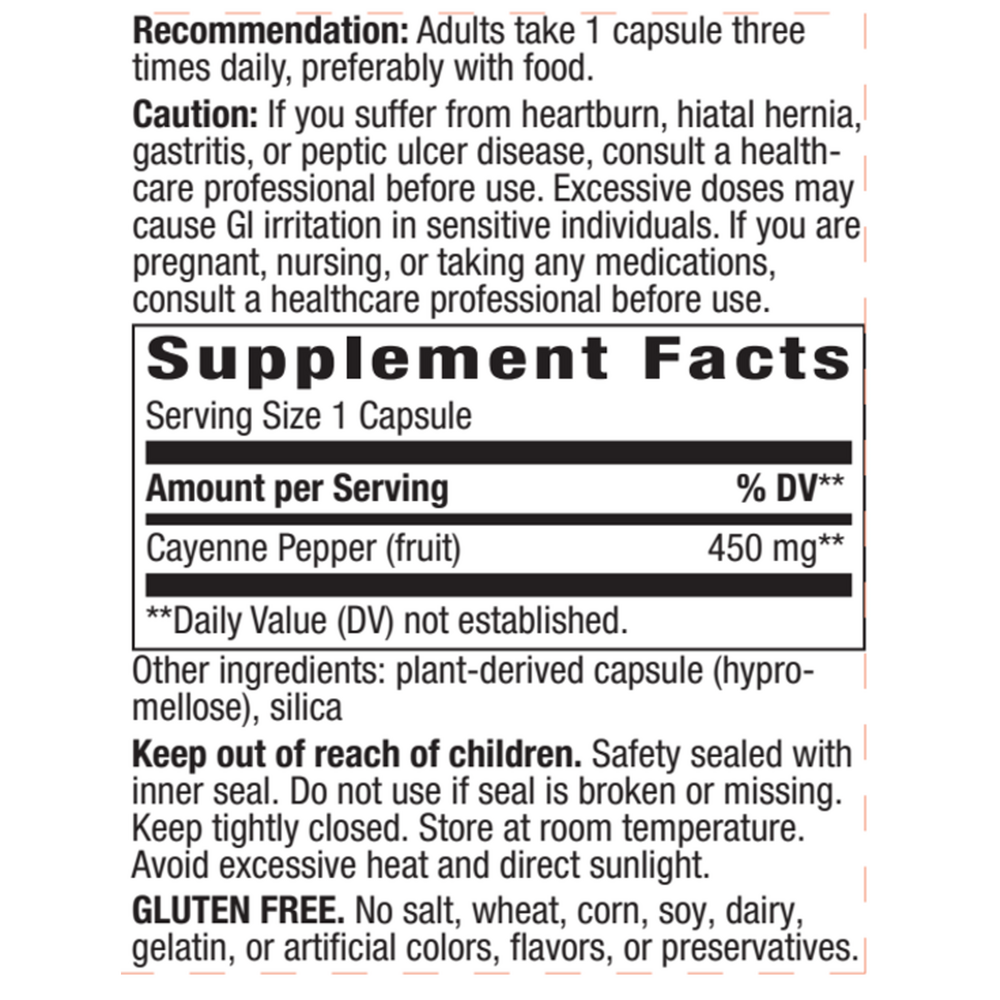 Cayenne Pepper 450 mg Supplement Facts Label