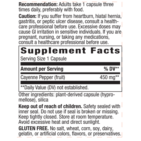 Cayenne Pepper 450 mg Supplement Facts Label