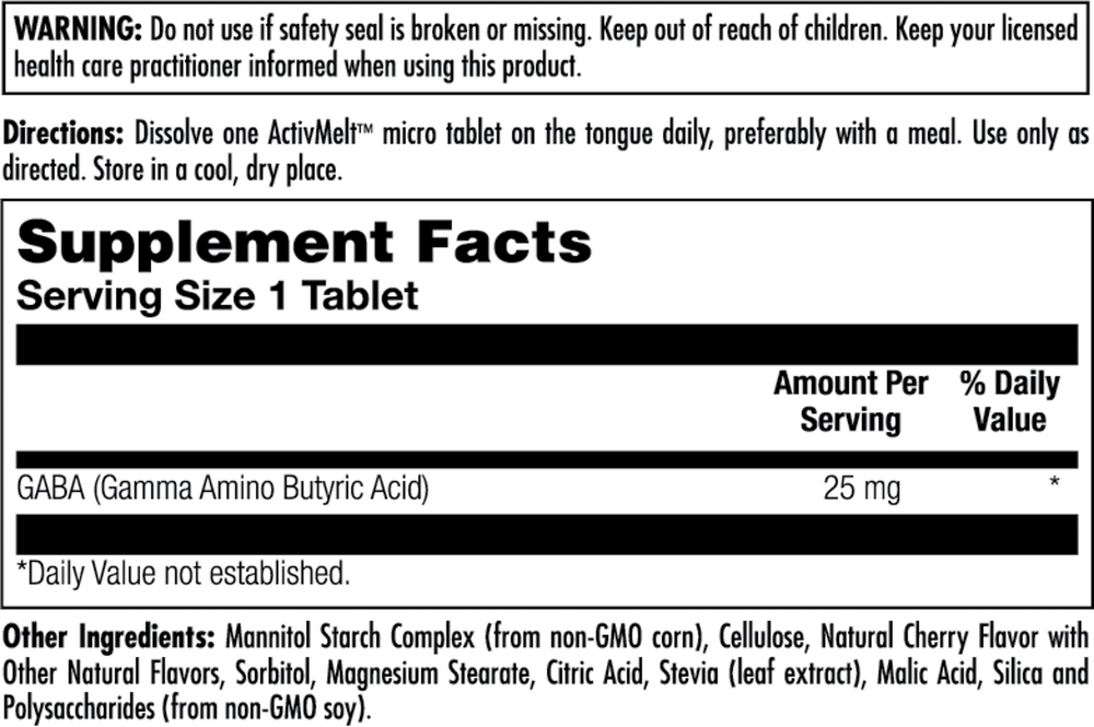 GABA 25 mg Cherry Supplement Facts Label