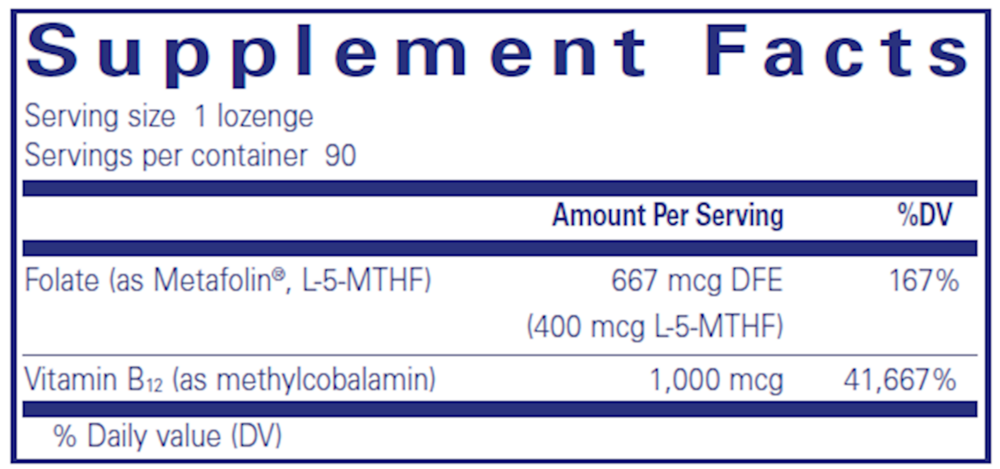 PureMelt B12 Folate 90's Supplement Facts Label