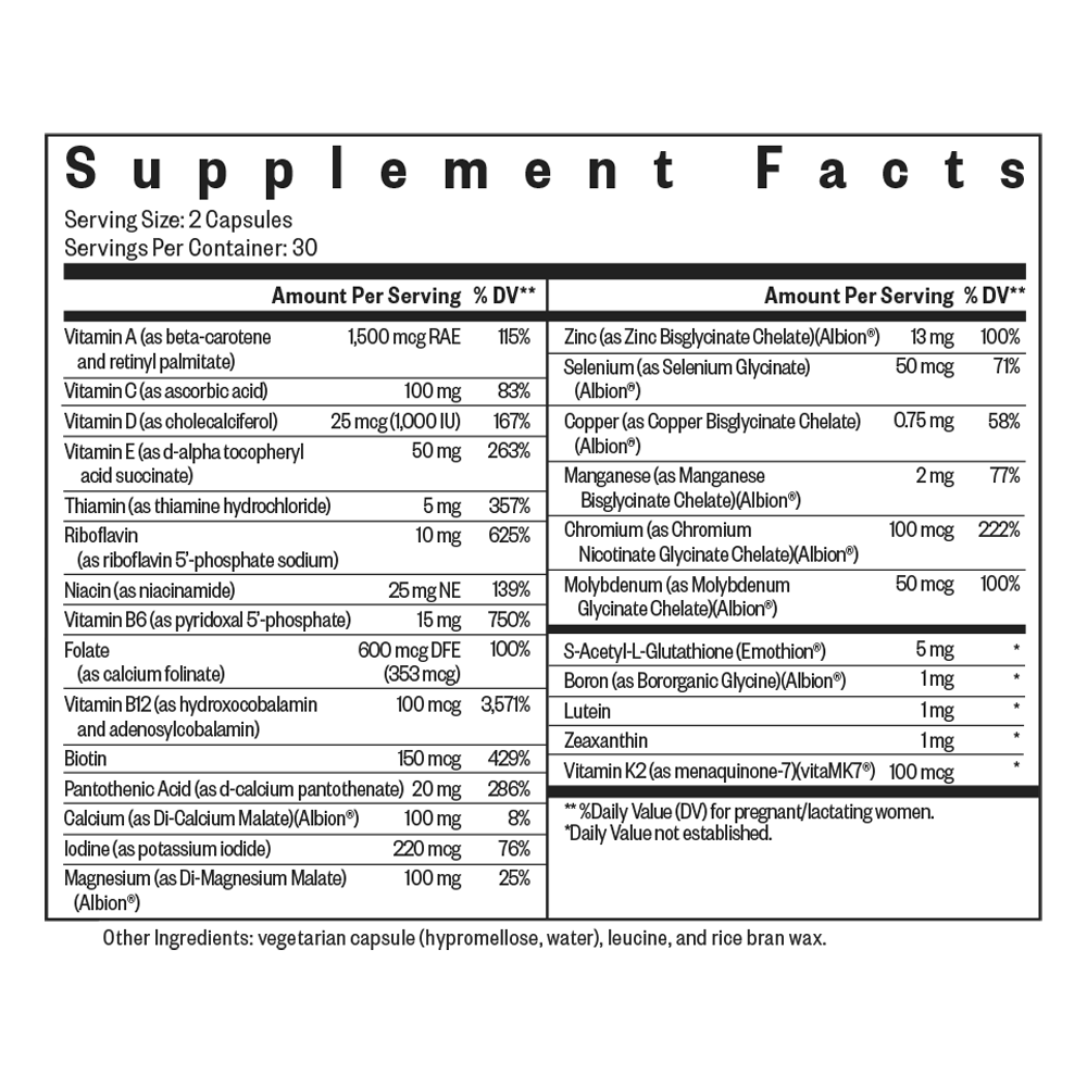Prenatal Essentials MF Supplement Facts Label