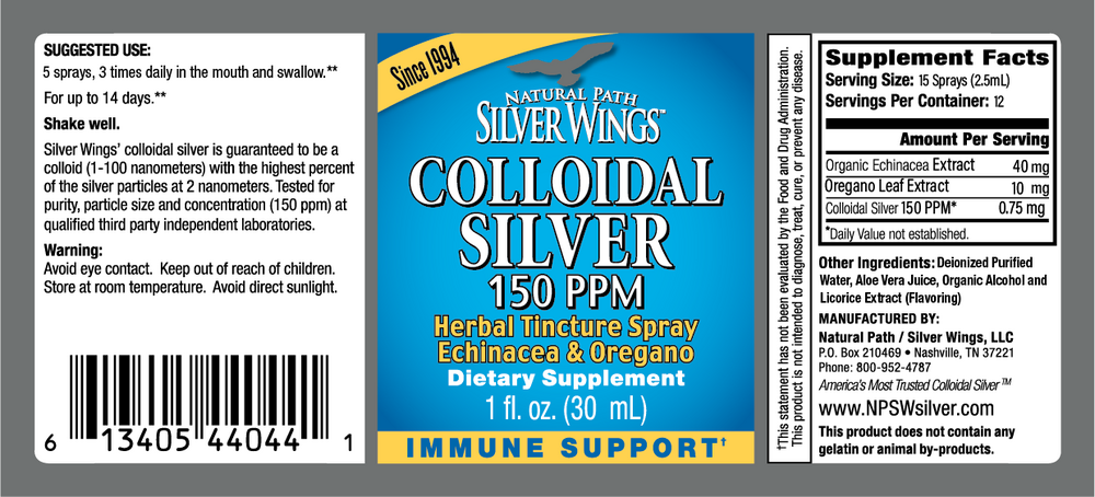 Colloidal Silver 150 PPM Herbal Spray Supplement Facts Label