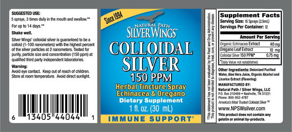 Colloidal Silver 150 PPM Herbal Spray Supplement Facts Label