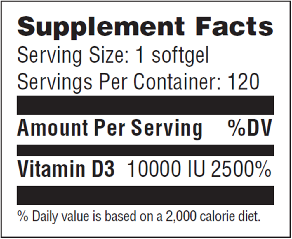 Vitamin D3 10,000 IU Supplement Facts Label