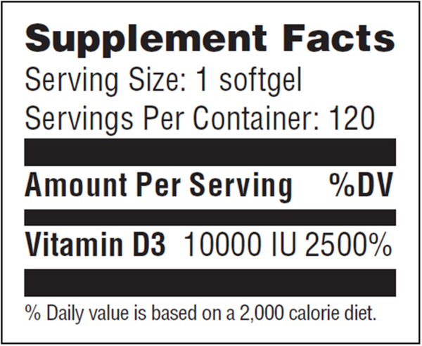 Vitamin D3 10,000 IU Supplement Facts Label