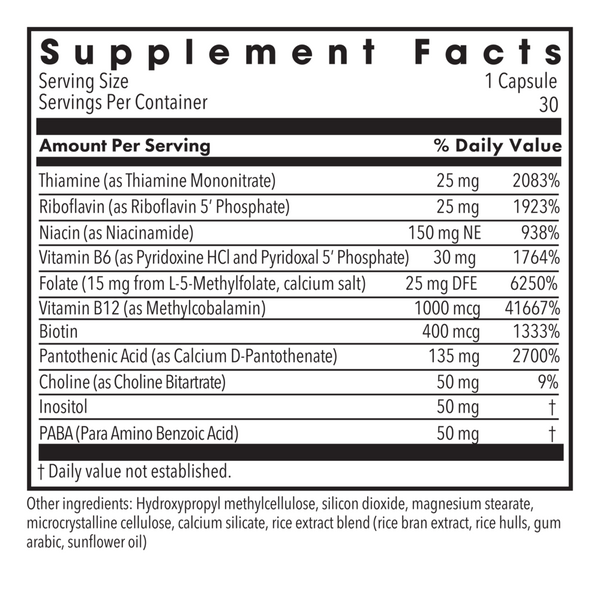 B-Complex + 15 mg L-Methylfolate Supplement Facts Label