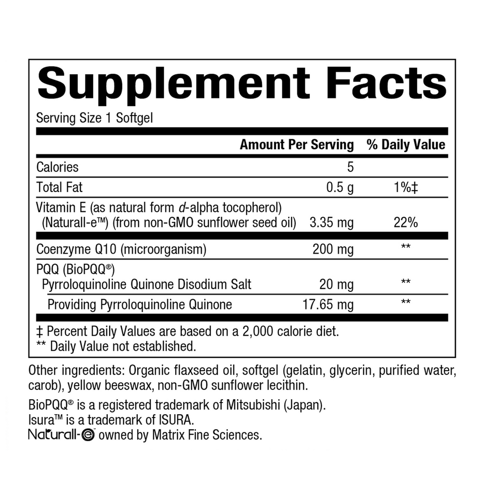 PQQ-10 Supplement Facts Label