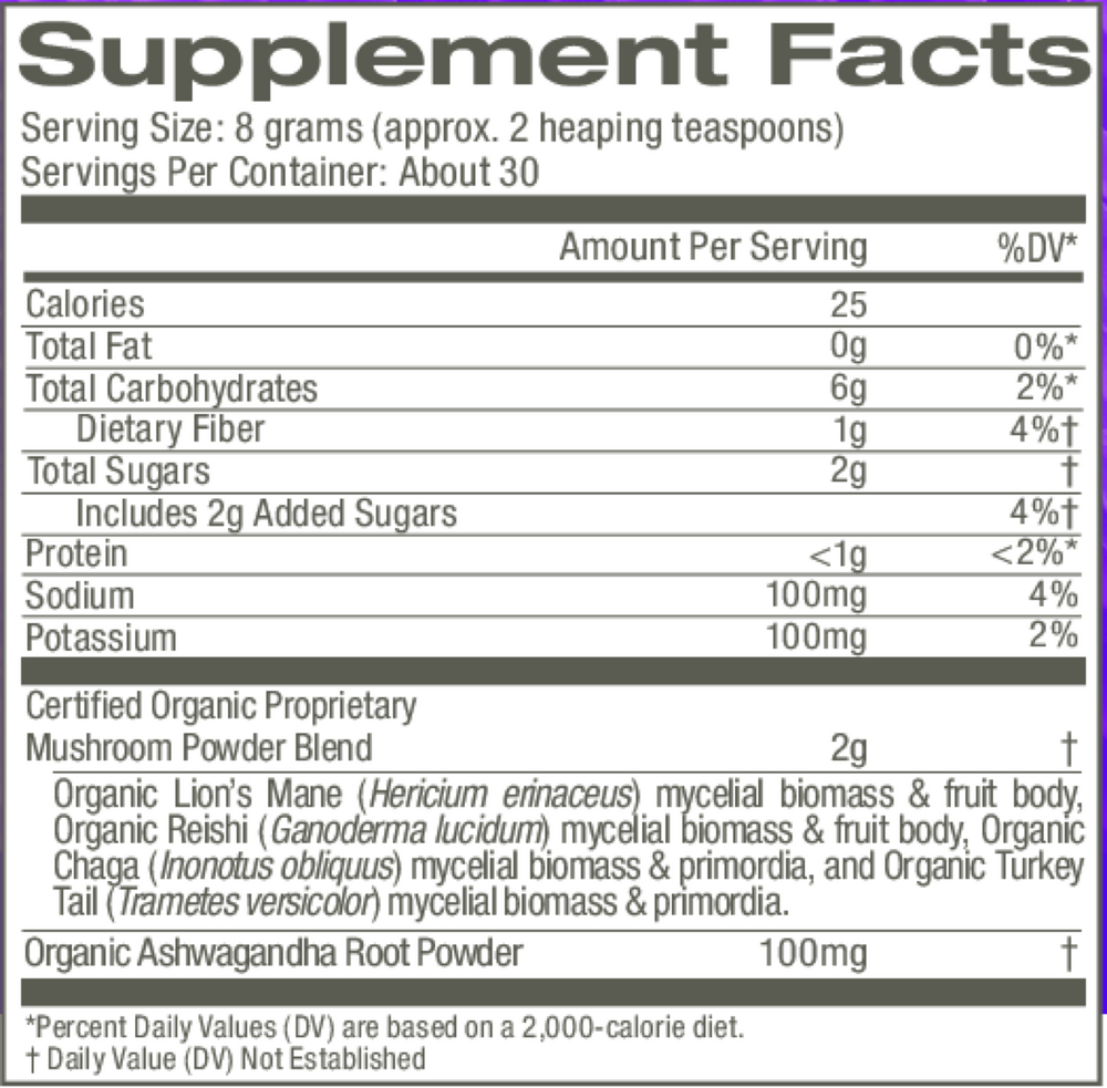 Mushroom Hot Chocolate Blend Supplement Facts Label